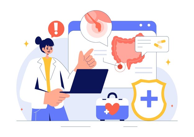 Ilustración vectorial de apendicitis con inflamación del apéndice y tratamiento del estómago en un fondo de dibujos animados de estilo plano de atención médica