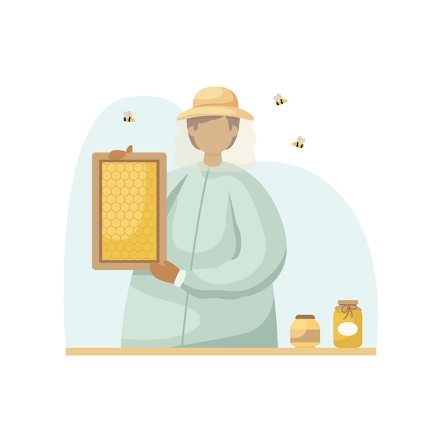 Ilustración vectorial de un apicultor con un panal en sus manos Profesión Estilo plano