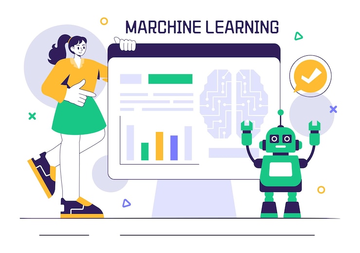 Vector ilustración vectorial de aprendizaje automático con trabajos de inteligencia artificial científicos que trabajan con grandes datos e ingenieros de tecnología en el fondo