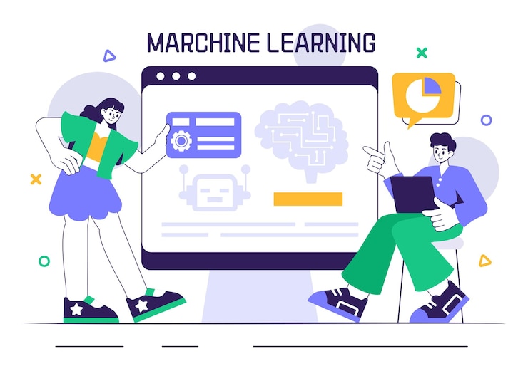 Vector ilustración vectorial de aprendizaje automático con trabajos de inteligencia artificial científicos que trabajan con grandes datos e ingenieros de tecnología en el fondo