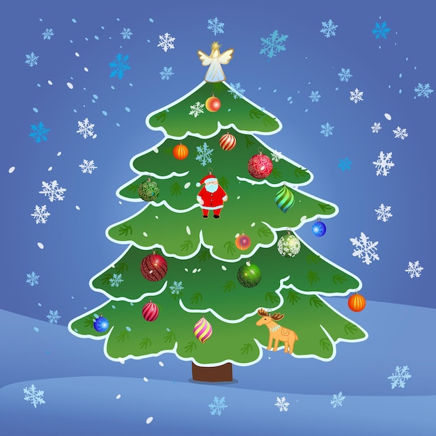 ilustración vectorial Árbol de Navidad decorado con juguetes. Copos de nieve en la noche.