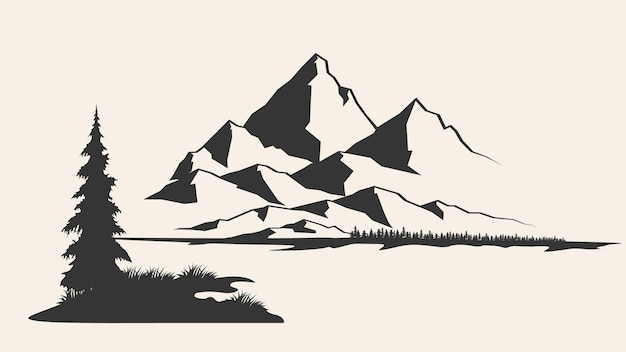 Ilustración vectorial de árboles tropicales y de montaña Contornos de las montañas grabado ilustración vectorial boceto dibujado a mano Ilustración vectorial en blanco y negro de montaña