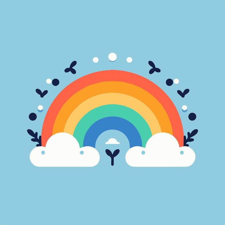 Ilustración vectorial de arco iris de colores con nubes
