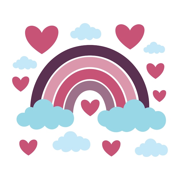 Ilustración vectorial de un arco iris de estilo plano con corazones que lo rodean