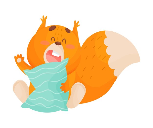 Ilustración vectorial de la ardilla somnolienta sosteniendo la almohada y bostezando El concepto de los niños de la hora de dormir