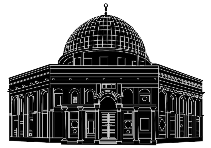 Vector ilustración vectorial arquitectónica detallada en blanco y negro de una estructura de la mezquita islámica al aqsa