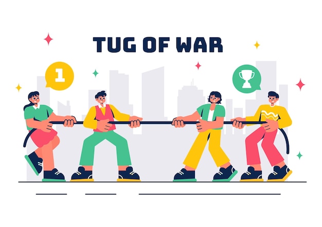 Ilustración vectorial de arrastre de guerra con personas tirando de extremos opuestos de una cuerda en un desafío de negocios u otros escenarios competitivos en un fondo