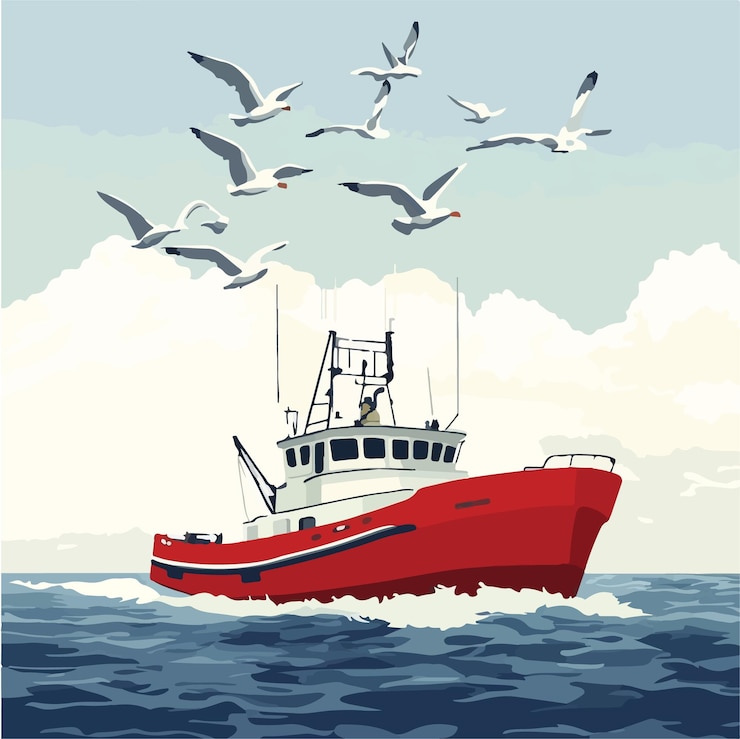 Vector ilustración vectorial del arrastrero de pesca serene en el mar