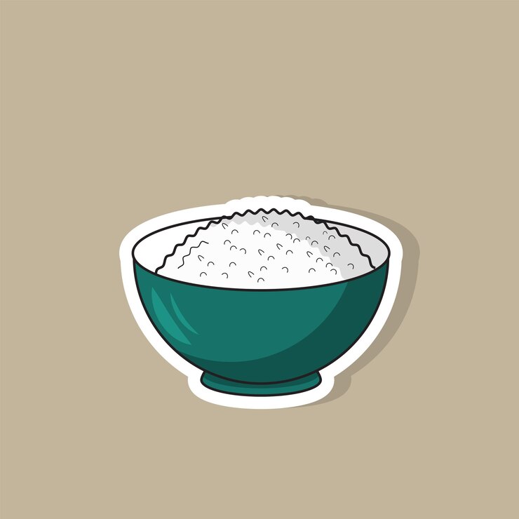 Ilustración vectorial de arroz en una pegatina de cuenco