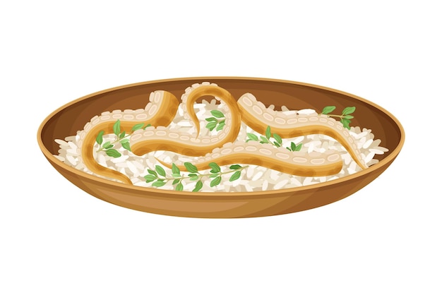Ilustración vectorial de arroz con pulpo y hierba como plato de mariscos