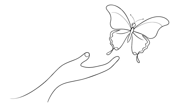 Ilustración vectorial de arte de línea continua de una línea con mariposa en la mano sobre fondo blanco