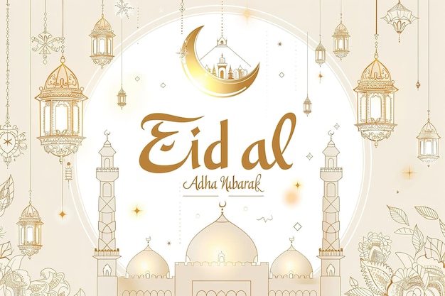 Ilustración vectorial de arte de línea plana de Eid Al adha con una luna creciente de linterna y silueta de mezquita en