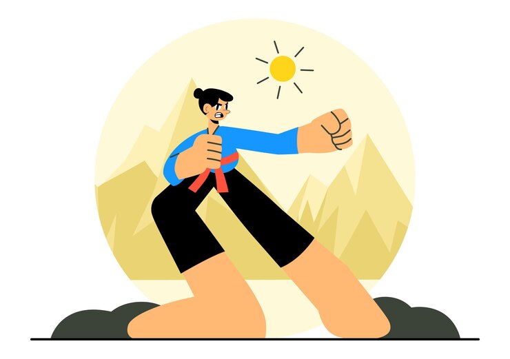 Vector ilustración vectorial de artes marciales con un atleta realizando un ejercicio de patada alta practicando karate o demostrando posturas de lucha en el fondo