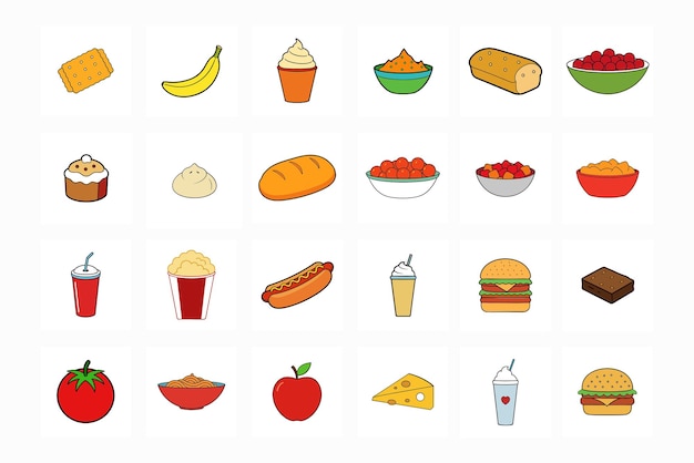 Ilustración vectorial de artículos alimenticios Conjunto de comida rápida Frutas y más
