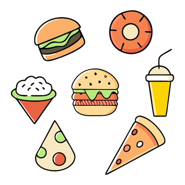 Ilustración vectorial de artículos de comida rápida al estilo de dibujos animados para el Día Mundial de la Alimentación