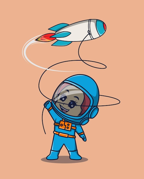 Ilustración vectorial de un astronauta volando un lindo concepto de icono de tecnología científica de cohetes de juguete