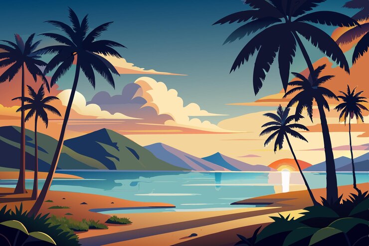 Ilustración vectorial de un atardecer en la playa con palmeras y montanas al fondo