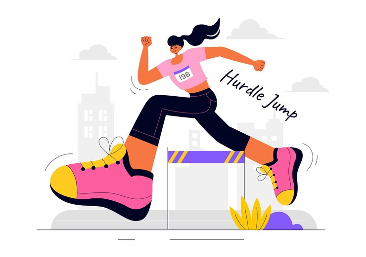 Vector ilustración vectorial de un atleta corriendo obstáculos y realizando un salto de longitud en una competencia deportiva con una carrera de obstáculos en un fondo plano