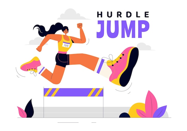 Ilustración vectorial de un atleta corriendo obstáculos y realizando un salto de longitud en una competencia deportiva con una carrera de obstáculos en un fondo plano