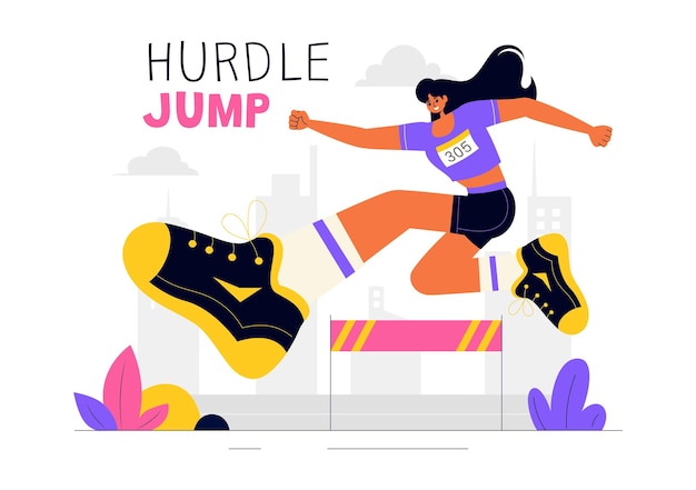 Ilustración vectorial de un atleta corriendo obstáculos y realizando un salto de longitud en una competencia deportiva con una carrera de obstáculos en un fondo plano
