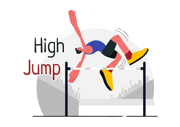 Ilustración vectorial de un atleta masculino realizando un salto alto que combina velocidad y técnica para volar sobre la barra en un fondo de dibujos animados de estilo plano