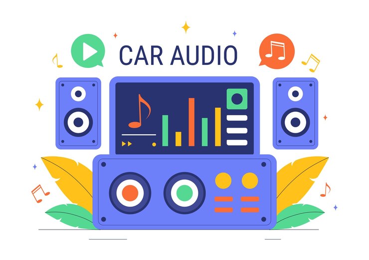 Vector ilustración vectorial de audio de automóviles con un sistema de sonido de altavoces de automóviles musicales y un automóvil de música en un fondo de dibujos animados de estilo plano
