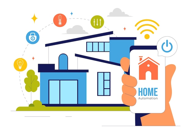 Ilustración vectorial de automatización del hogar con un hogar inteligente controlado a través de un teléfono inteligente con un sistema integrado de dispositivos electrónicos en el fondo