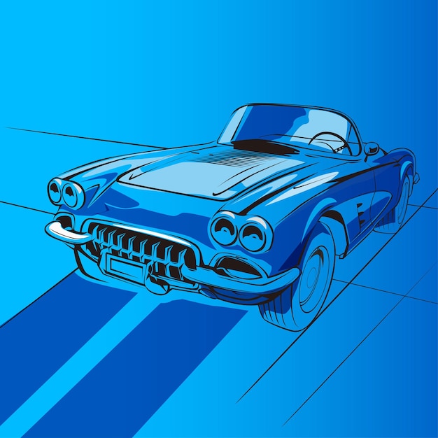 Ilustración vectorial de automóviles clásicos de color azul retro