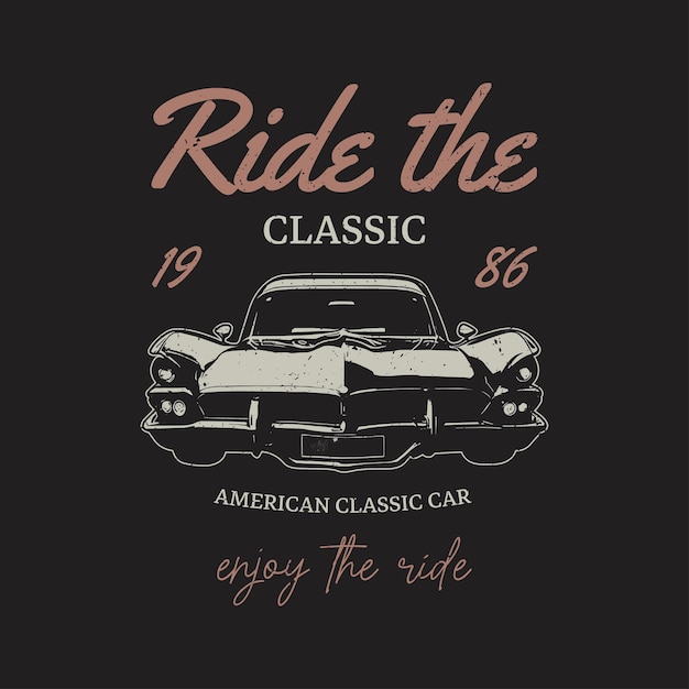 Ilustración vectorial de automóviles clásicos vintage estadounidenses con estampados grungy gráficos de cartel de plantilla negra