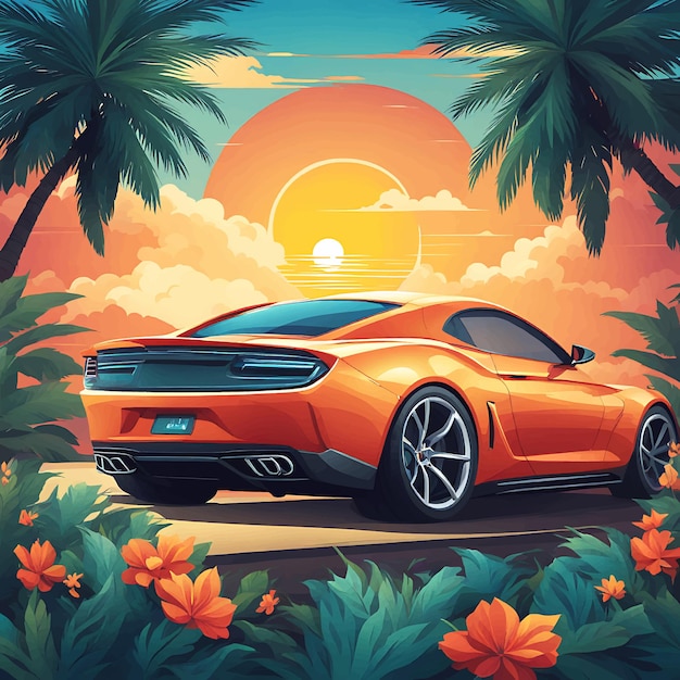 Vector ilustración vectorial de automóviles con fondo de verano