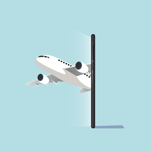 Ilustración vectorial del avión moderno representado en la pantalla del teléfono móvil que representa el servicio de reserva en línea aislado en el fondo cian