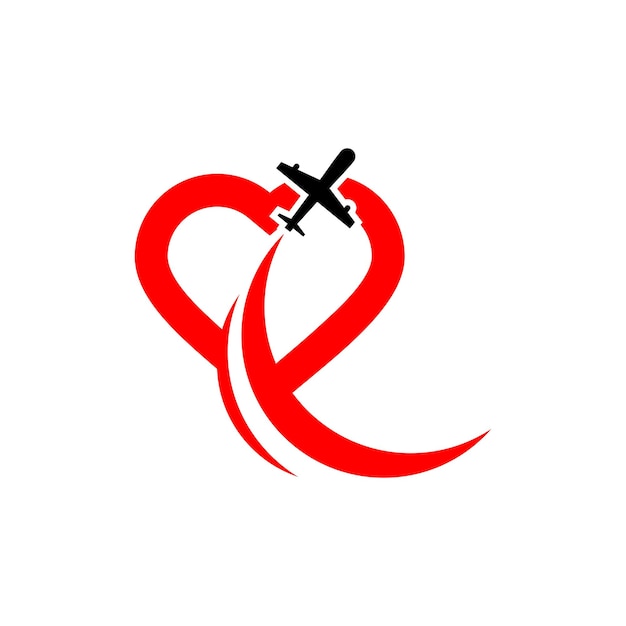 Ilustración vectorial de avión y signo de amor, logotipo de viajero