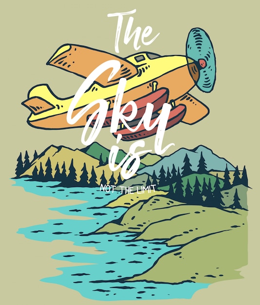 Ilustración vectorial de avión volando en la montaña y el lago