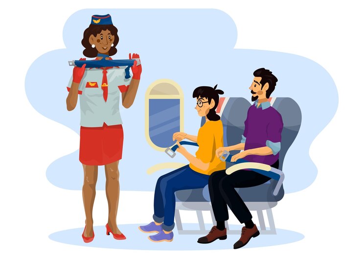 Vector ilustración vectorial de una azafata que muestra cómo abrocharse el cinturón de seguridad en una cabina de un avión durante el vuelo