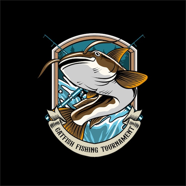 Ilustración vectorial de bagre y caña de pesca con ilustración retro vintage