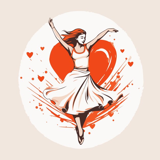 Ilustración vectorial de una bailarina en un vestido blanco bailando sobre un fondo de corazones