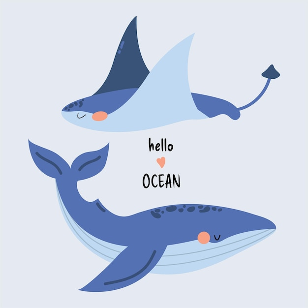 Vector ilustración vectorial con una ballena linda y una raya fondo aislado azul vida marina