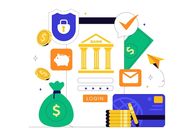 Ilustración vectorial de banca móvil con una aplicación de billetera para pagos por teléfono y transacciones en efectivo inalámbricas utilizando tarjetas de crédito y débito