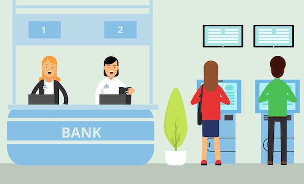 Ilustración vectorial del banco y el personal que atiende a los clientes