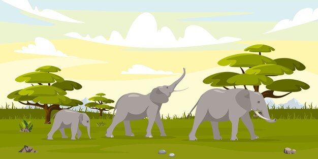 Vector ilustración vectorial de una bandada de elefantes al estilo de dibujos animados animales grandes caminan por las estepas y bosques de la sabana vida silvestre de áfrica