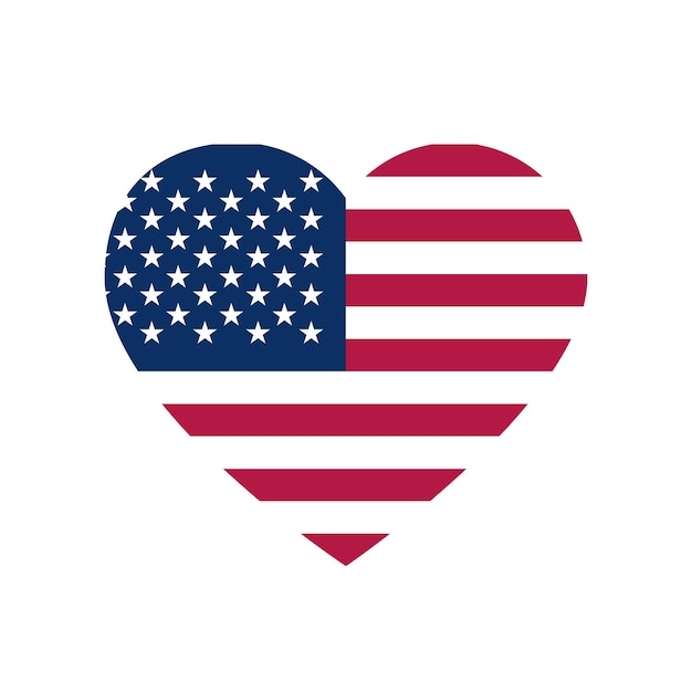 Ilustración vectorial de la bandera estadounidense en forma de corazón aislada sobre un fondo blanco