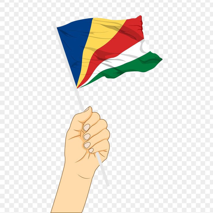 Vector ilustración vectorial de la bandera de las seychelles en la mano sobre un fondo transparente