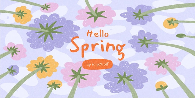 Ilustración vectorial de banner promocional de bienvenida a la primavera con vista al cielo de flores dibujadas a mano