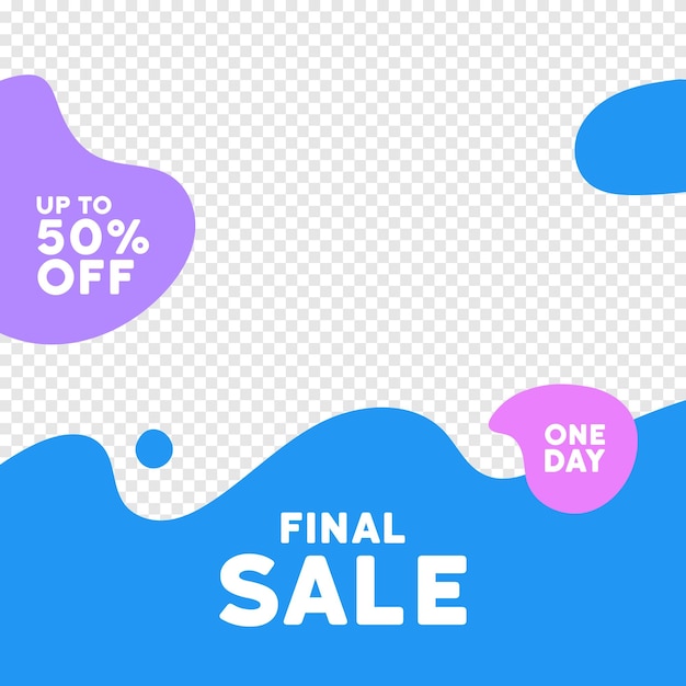 Ilustración vectorial de un banner de venta final con formas abstractas y fondo transparente Características texto Hasta 50 descuentos y un día en colores vibrantes Perfecto para publicidad y promoción