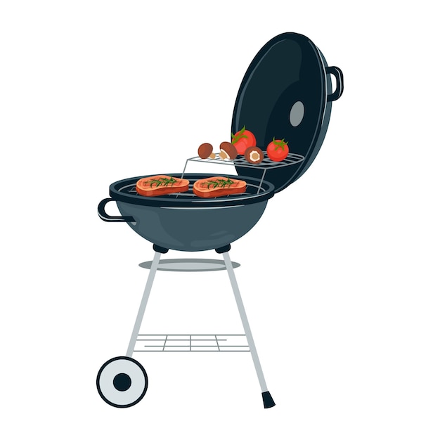 Ilustración vectorial de barbacoa con carne de cerdo asada, filetes y verduras a la parrilla para la fiesta