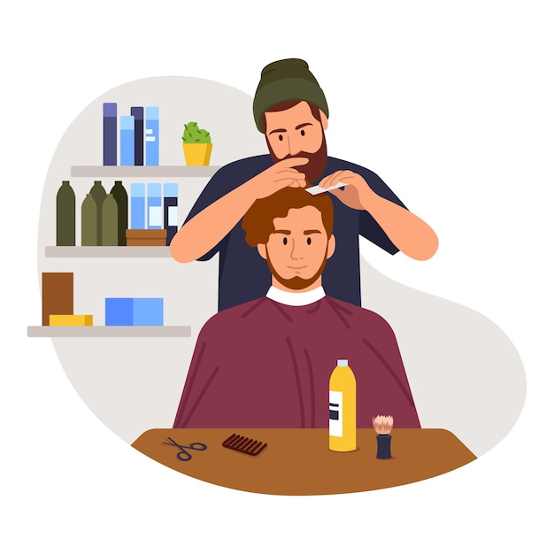 Vector ilustración vectorial del barbero escena de dibujos animados con un peluquero que toma a un hombre peinando su cabello recortando su barba sobre un fondo blanco