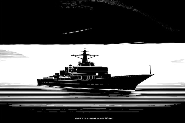 Vector ilustración vectorial de un barco delineado en negro con una apariencia texturizada sobre un fondo blanco