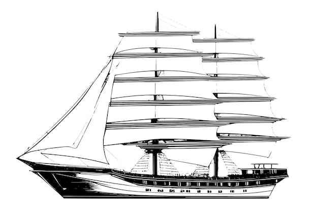 Ilustración vectorial de un barco delineado en negro con una apariencia texturizada sobre un fondo blanco