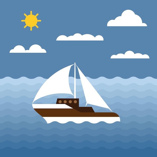 Ilustración vectorial de un barco navegando en el mar aislado sobre fondo transparente