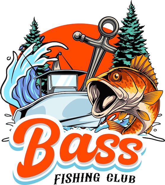 Ilustración vectorial de un barco con olas de pescado bajo y ancla con vista de la naturaleza